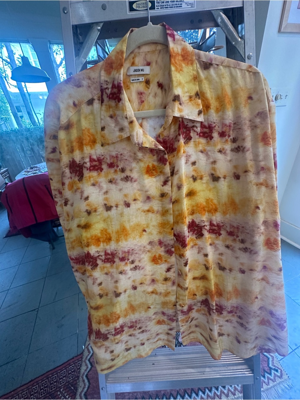 Jason Wu Yellow Tie-Dye Button-Down Shirt with Orange & Burgundy Accents